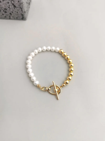 Half Pearl Half Bead Toggle Bar Bracelet