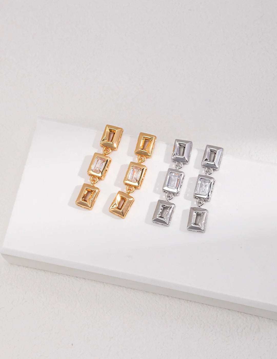 Cubic Zircon Rectangular Dangle Earrings