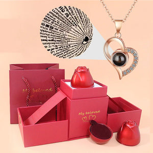 Love Heart Projection Necklace 100 Languages I Love You Pendant with Rose Gift Box 