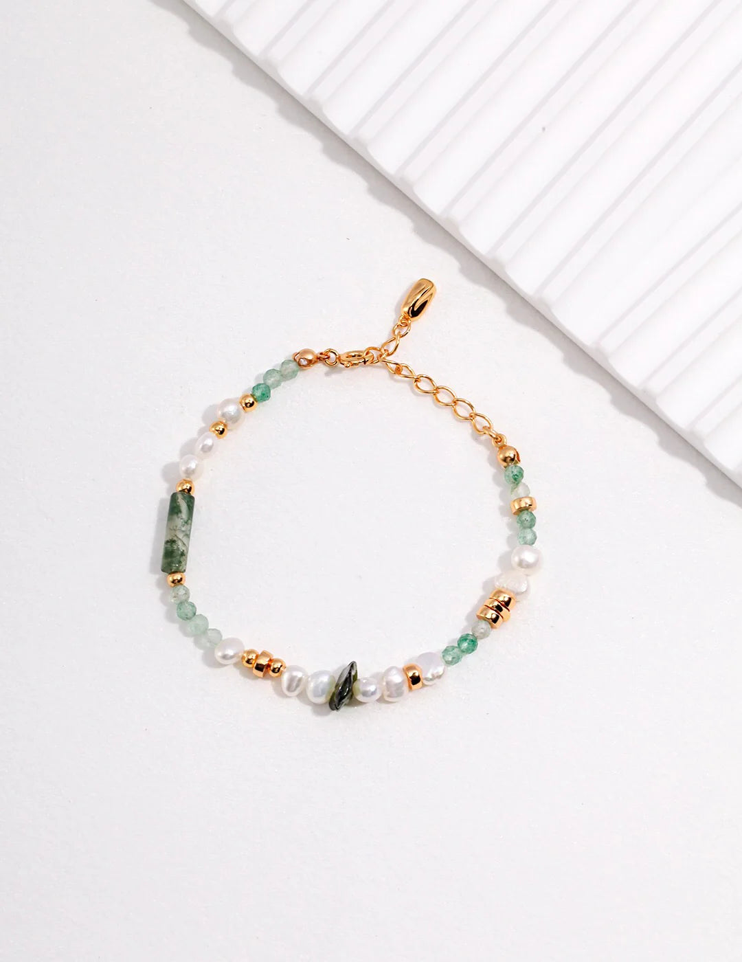 Moss Agate & Green Strawberry Quartz Pearl Bracelet