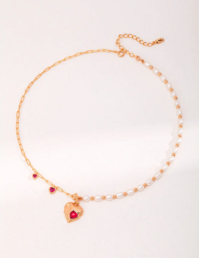 Red Corundum Heart with Pearl Necklace