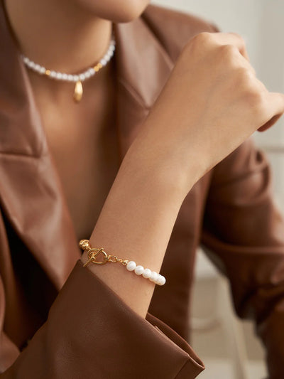 Half Pearl Half Bead Toggle Bar Bracelet