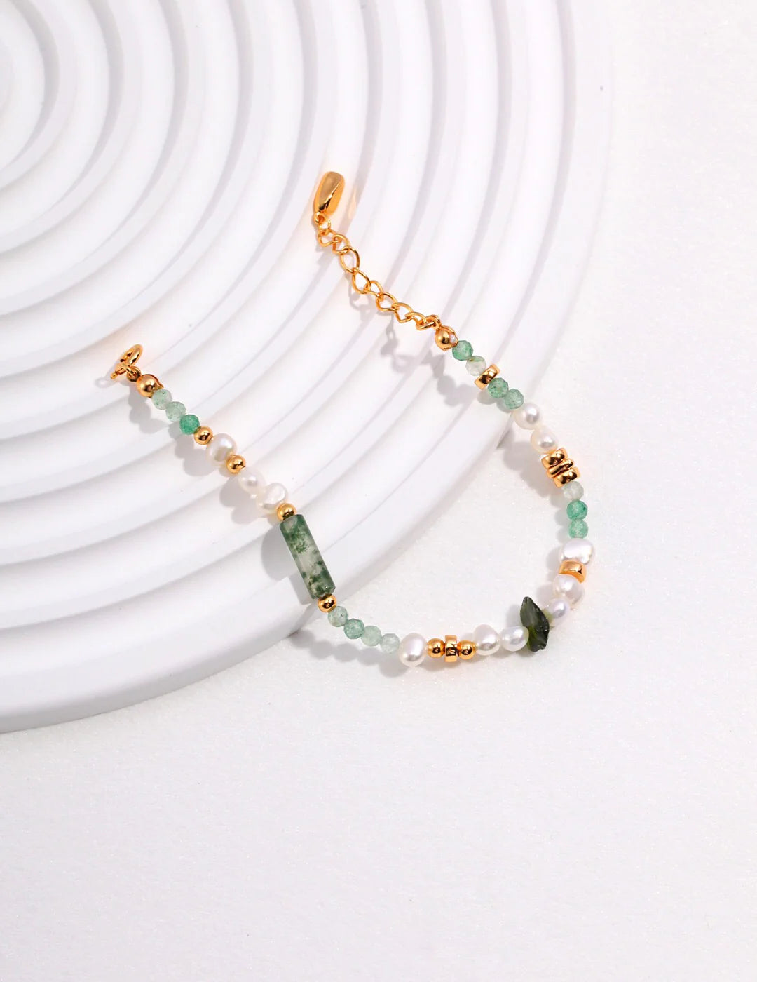 Moss Agate & Green Strawberry Quartz Pearl Bracelet