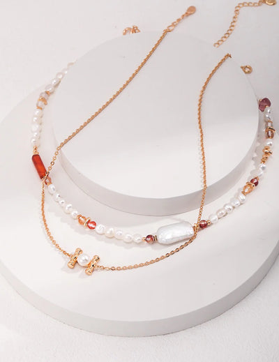 Strawberry Quartz with Baroque Pearl Necklace