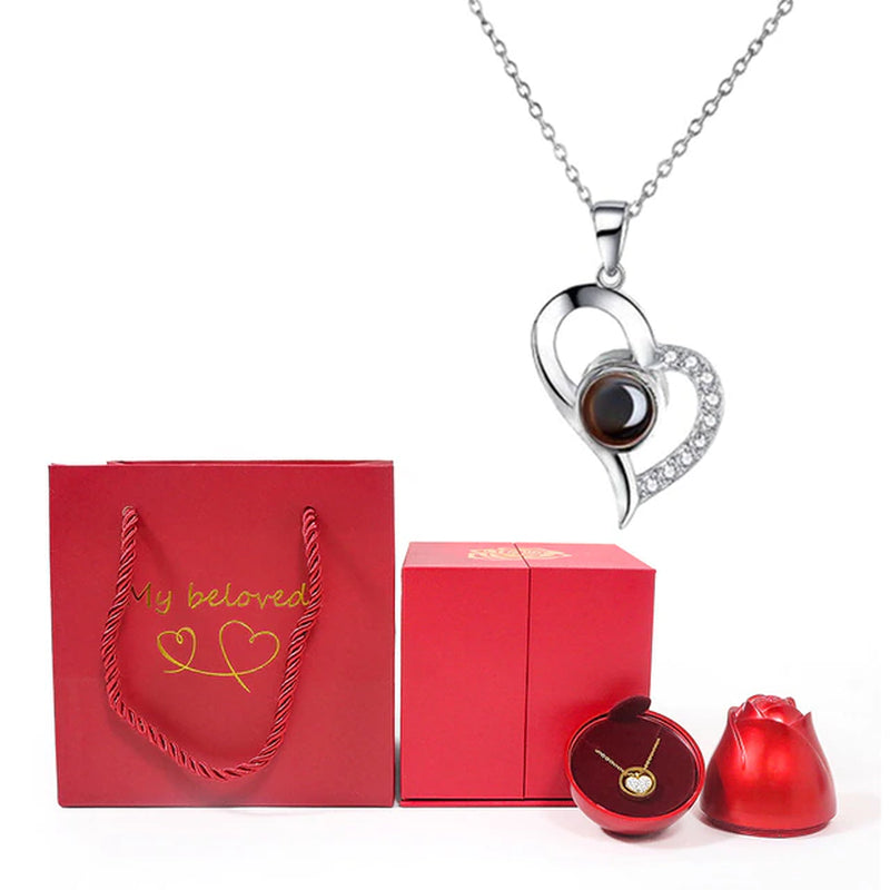 Love Heart Projection Necklace 100 Languages I Love You Pendant with Rose Gift Box 