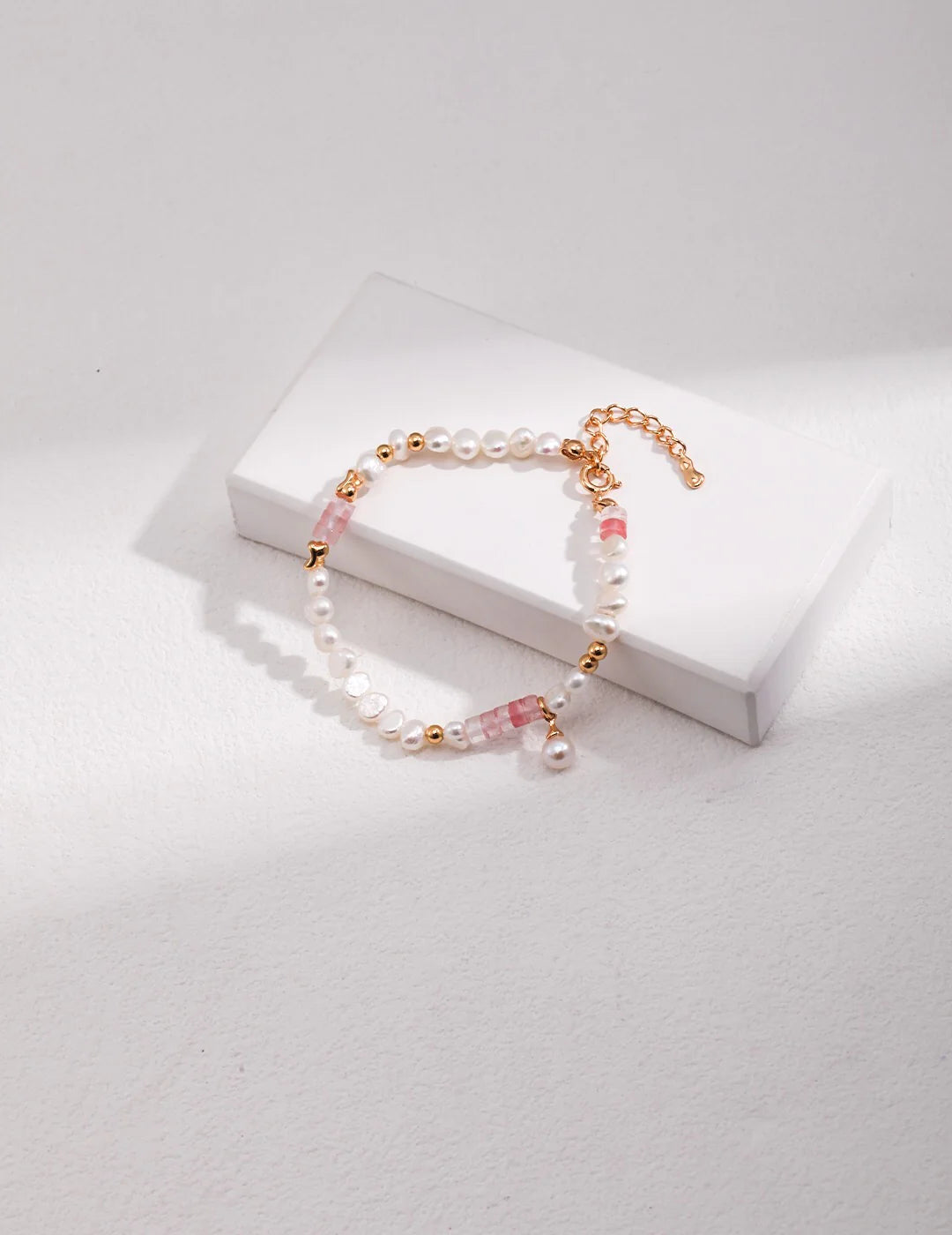 Synthetic Watermelon Ruby with Pearl Bracelet