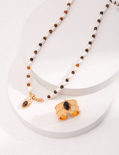 Tiger Eye Beaded Pearl Necklace