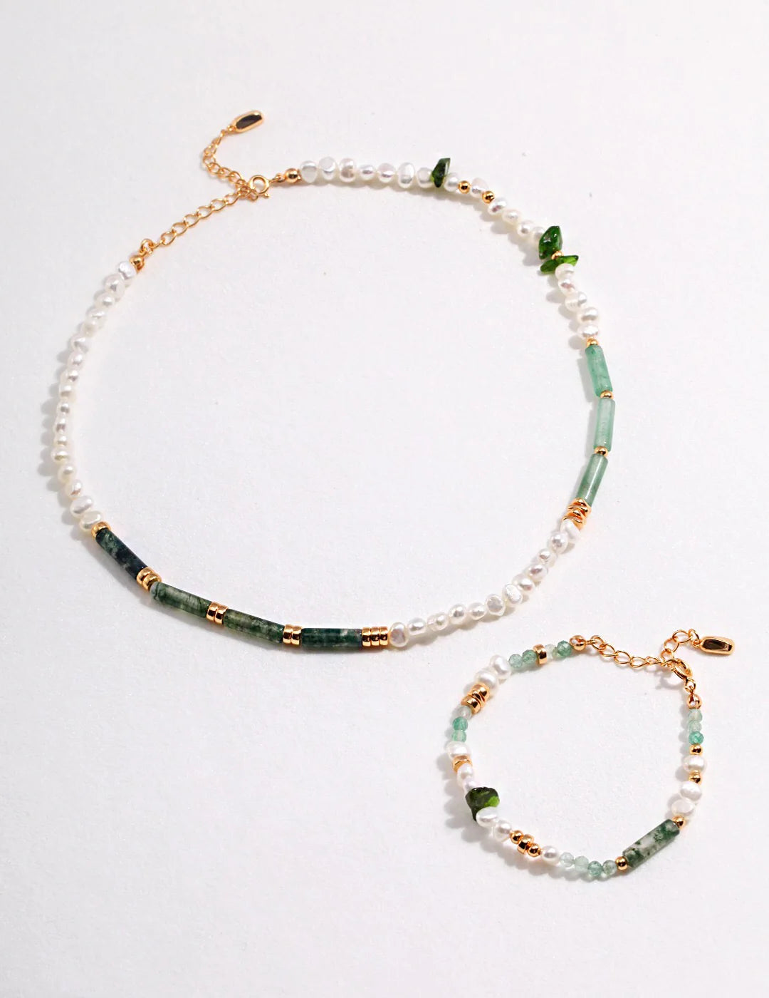 Moss Agate & Green Strawberry Quartz Pearl Bracelet