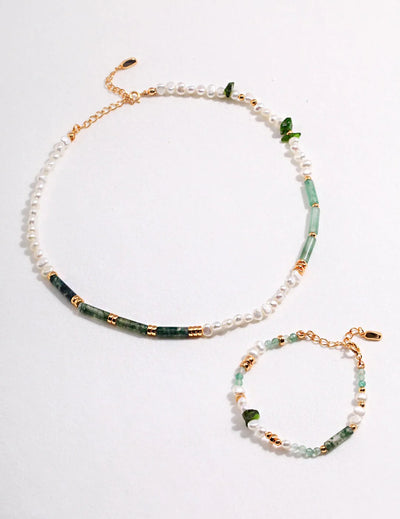 Moss Agate & Green Strawberry Quartz Pearl Bracelet