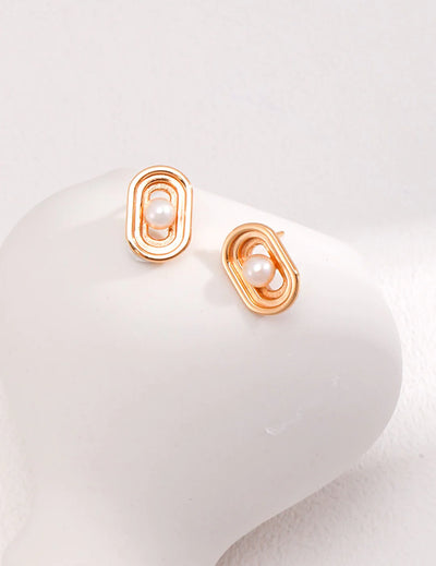 Oval Hollow Pearl Stud Earrings