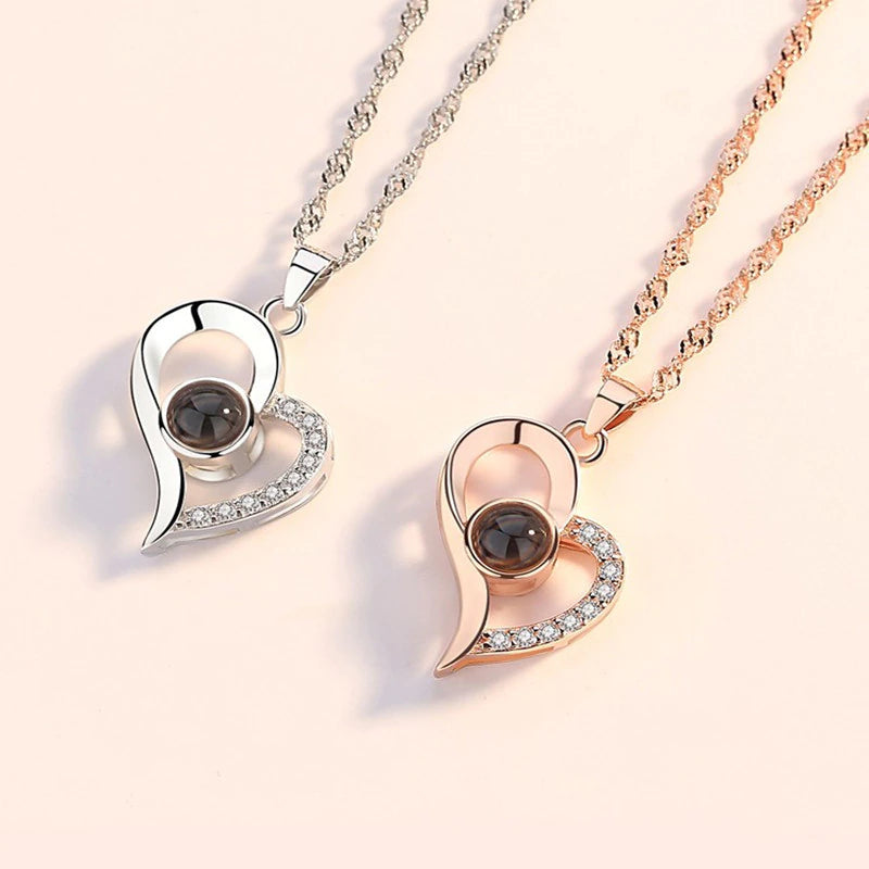 Love Heart Projection Necklace 100 Languages I Love You Pendant with Rose Gift Box 