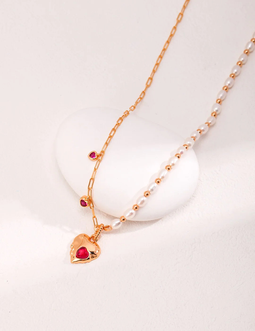 Red Corundum Heart with Pearl Necklace