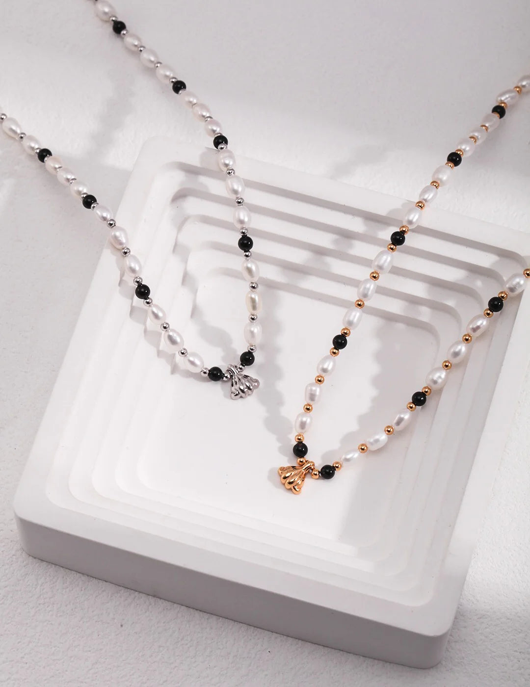 Spaced Black Onyx Pearl Pendant Necklace